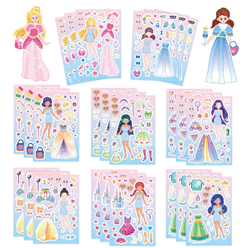 8PCS Colorful Fairy Tale Princess Face Changing Stickers Cute Cartoon ...