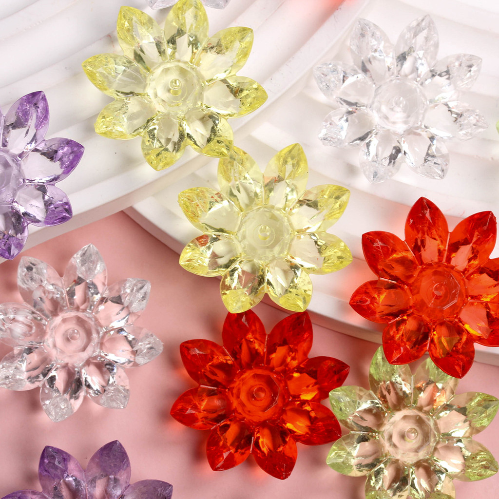 31mm 20pcs Lotus flower Beaded Transparent Loose Beads Acrylic Crystal ...