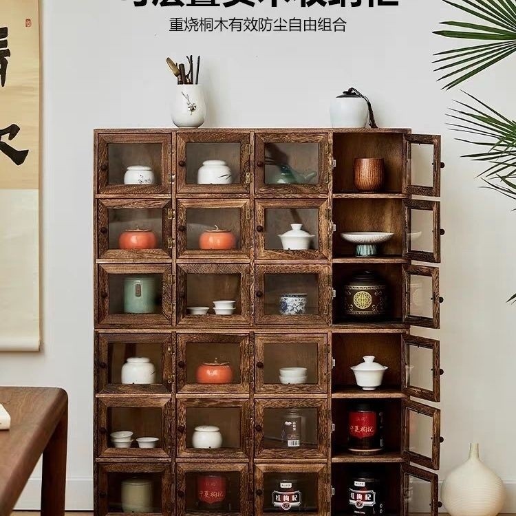 Solid Wood Tea Set Storage Cabinet Open Door Type Purple Clay Pot ...