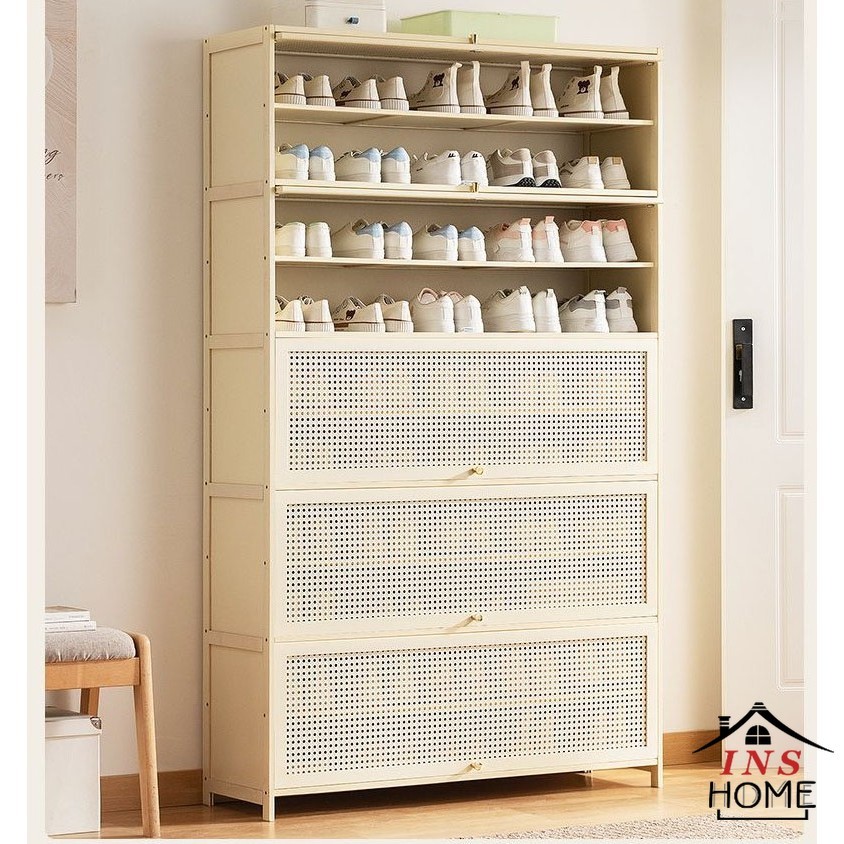 Bamboo Cream Shoe Cabinet Imitation Rattan Door Shoe Rack Multi-Layer ...