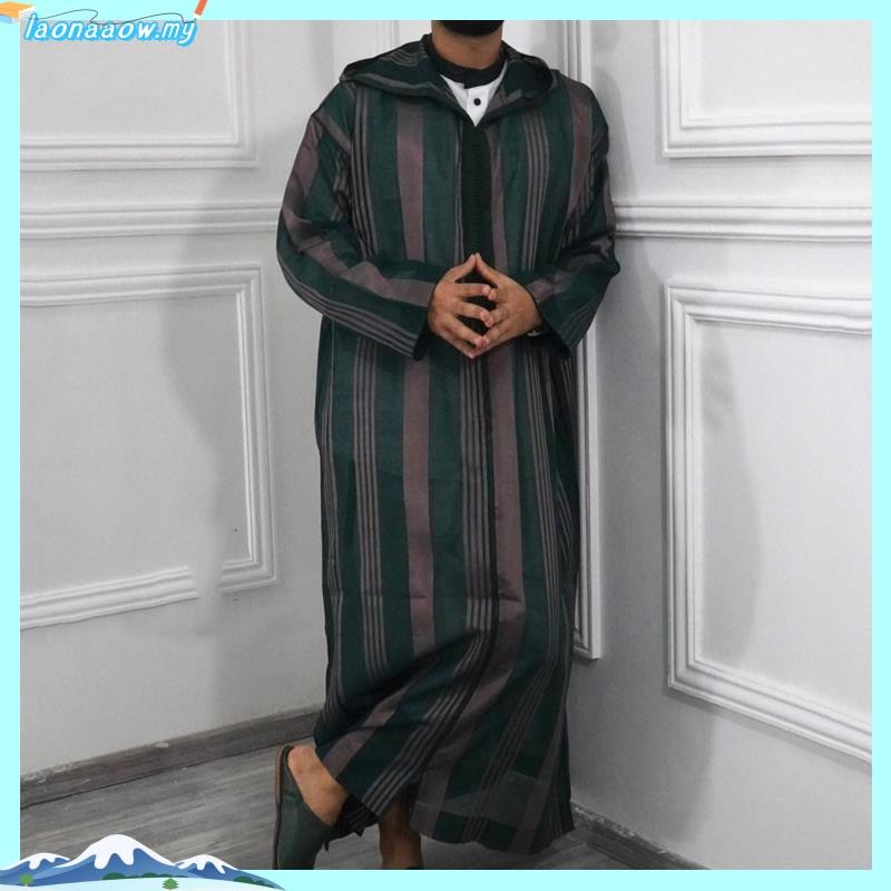 Men's Muslim Robe Striped Thobe Men Islamic Muslim Kaftan Long Vintage ...