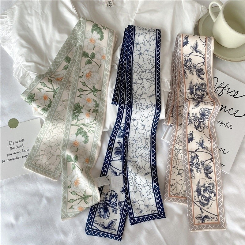 Flower Silk Scarf Headband Small Long Strip Female Influencer Thin ...