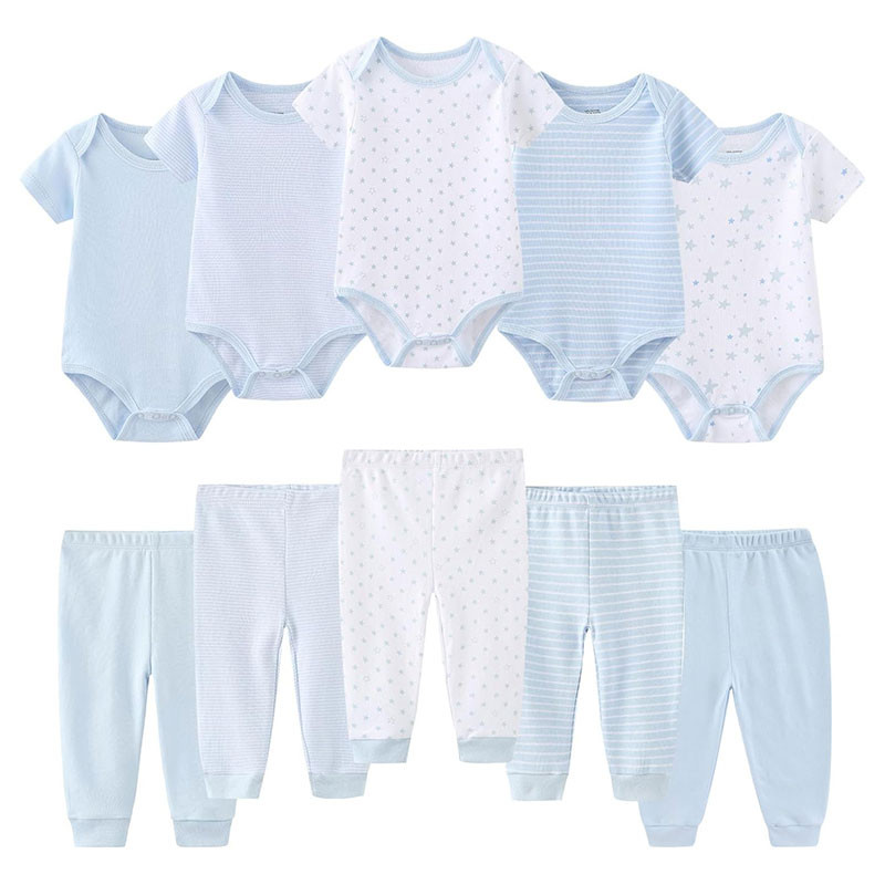 Kiddiezoom Baby Bodysuits Broek Baby Onesie Kleding Set Outfits Jongen Meisje Katoen Caps Scratch Mitten Set, Hemelsblauwe streep & kleine sterren & Print-19 Set, 3-6 maanden