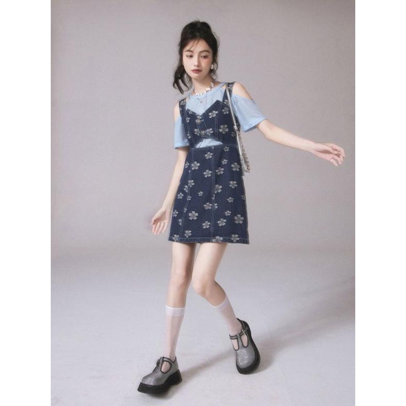 [Ready Stock] Denim Strap Skirt Female Skirt 2025 Student Sweet Cool