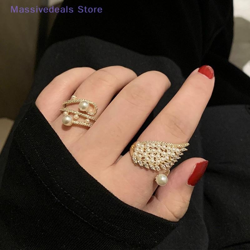 Massivedeals Korean Ring Imitation Pearl Wings Zircon Open Rings