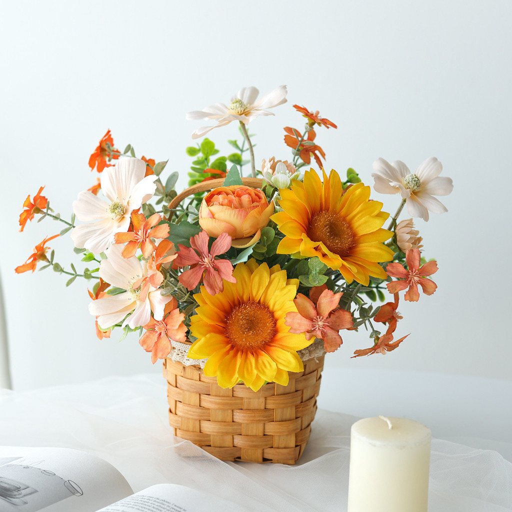 Flower Arrangements with Rattan Basket Artificial Flowers with Vase ...