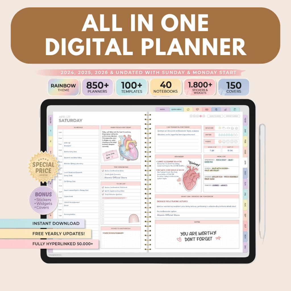 Digital Planner 2024 2025 2026 Undated Daily Weekly Monthly Planner