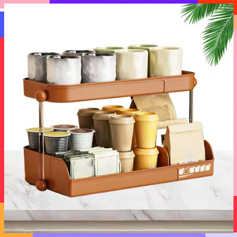 2 Tier Cup Holder Rack Space-Saving Desktop Organizer Coffee Tea Bag ...