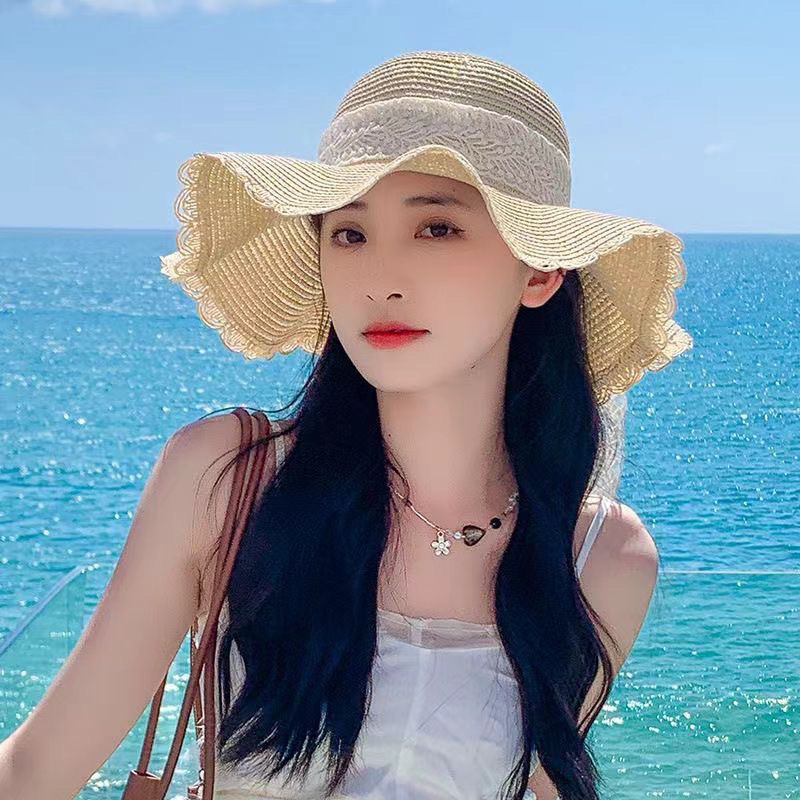 Topi pantai musim panas versi Korea, topi jerami busur renda ...