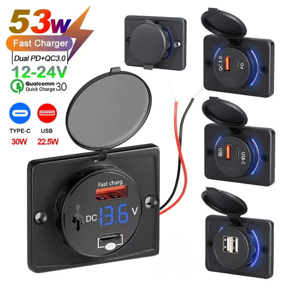 12V/24V QC3.0 USB PD Fast Charger with Cover Waterproof Fast Charging ...