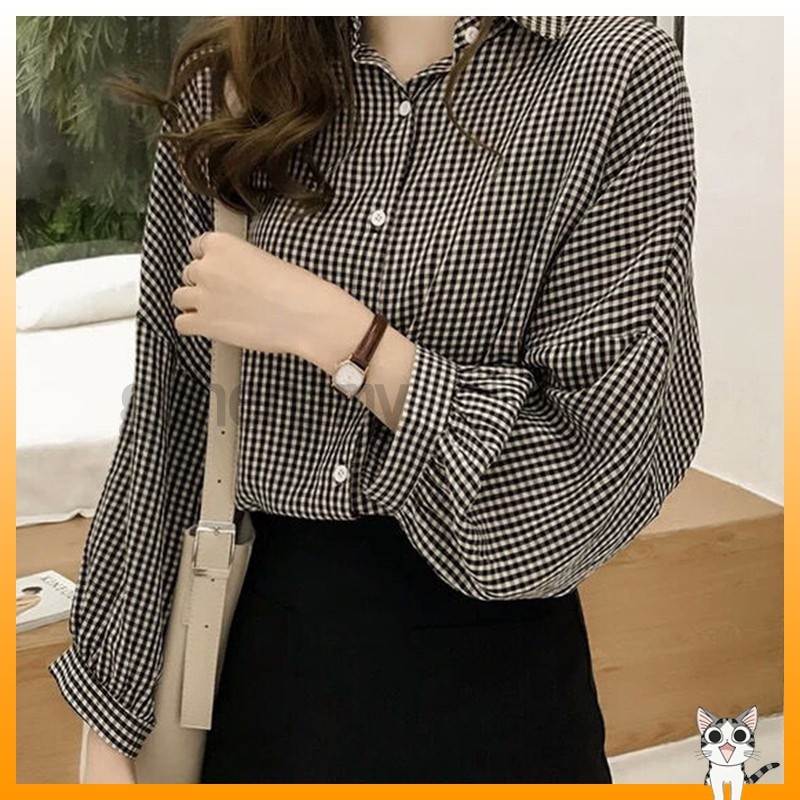 Korean Style Plaid Blouse Women Casual Long Sleeve Loose Ladies Simple Vintage Baggy Shirt Top Fashion Women Clothes Baju Lengan Panjang Kemeja Perempuan Blaus Wanita Terkini Muslimah Murah Blouse Lab...