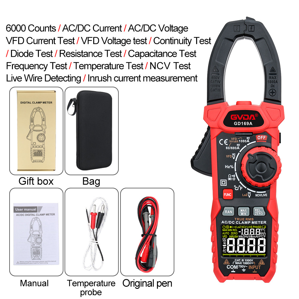 Digital Clamp Meter Multimeter Auto Range True RMS NCV DC AC VFD ...
