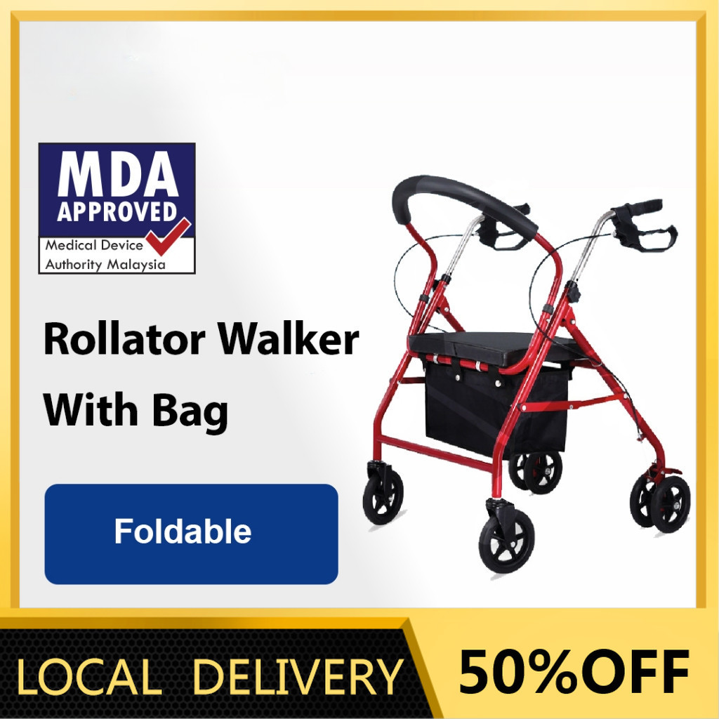 Foldable Lightweight Rollator Walker with Seat & Wheels - 4-Wheel Frame ...