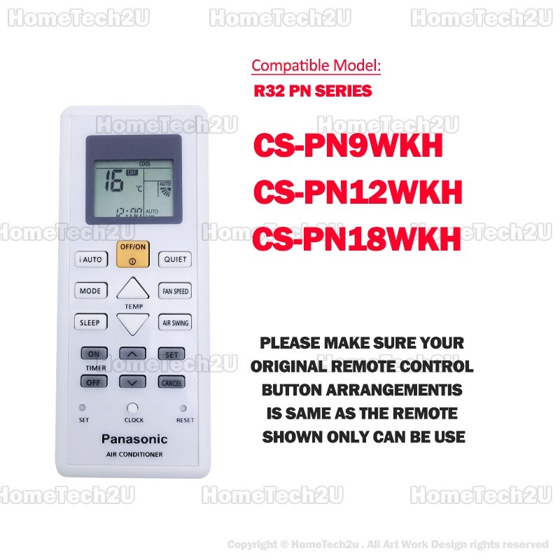 Replacement For Panasonic Air Conditioner Remote Control Inverter R32 PN SERIES CS PN9WKH CS