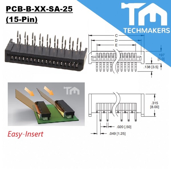 Adam Tech PCB-B-XX-SA-25 (15-Pins) LIF Flex Circuit Connector Flexible Printed Circuit (FPC) /Flexible Flat Cable (FFC)