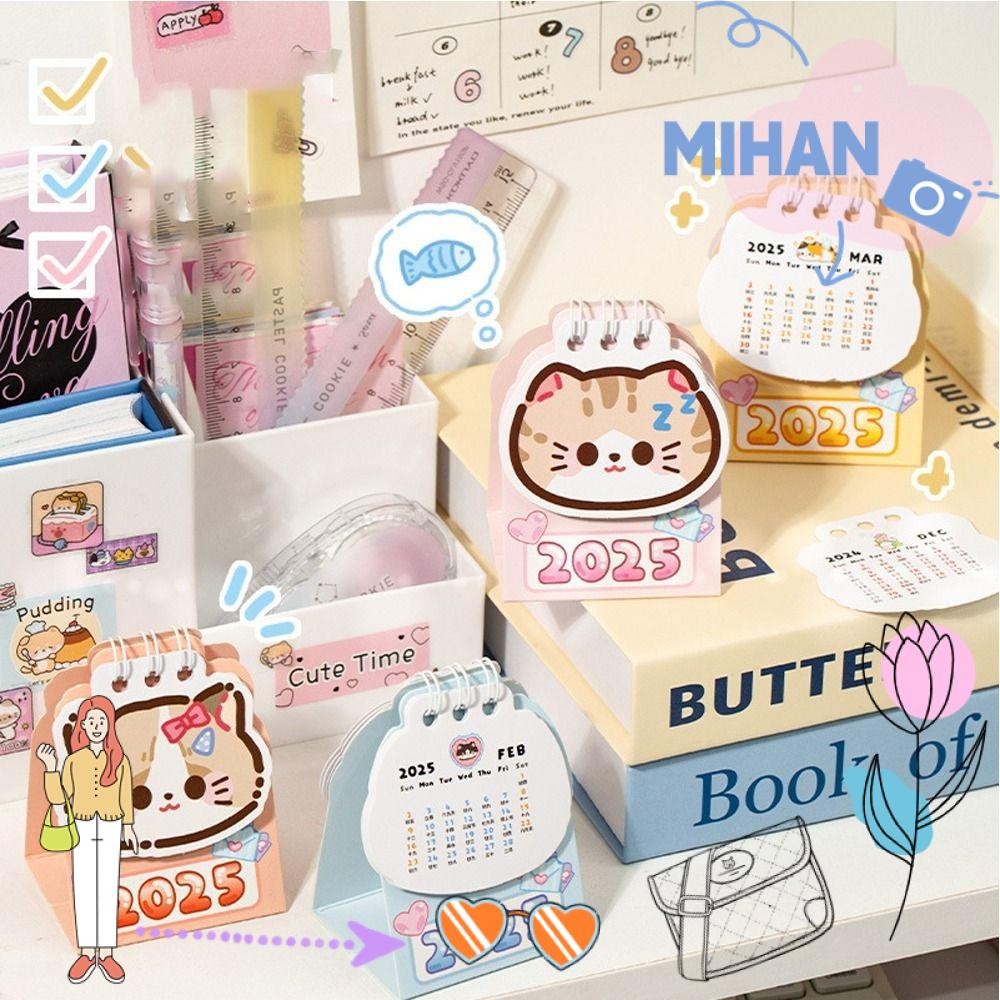 MIHAN Mini Desk Calendar, 2025 Cartoon Cat Desktop Calendar, Cute Coil