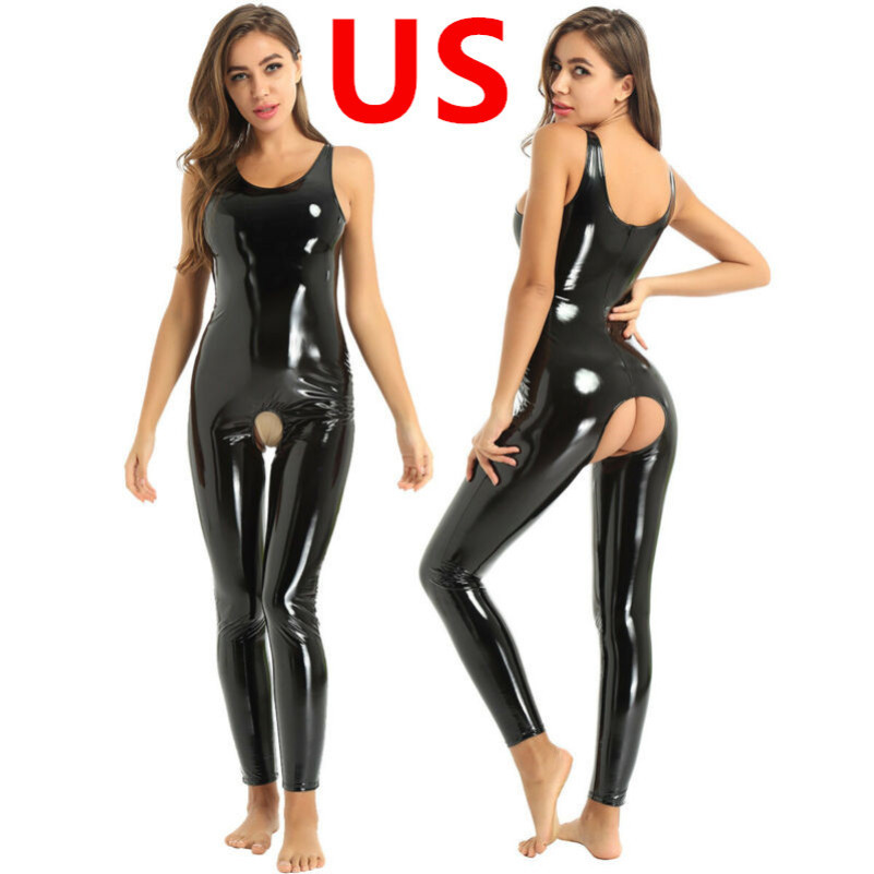 Women Shiny Wet Look U Neck Crotchless Bodysuit Patent Leather High Cut