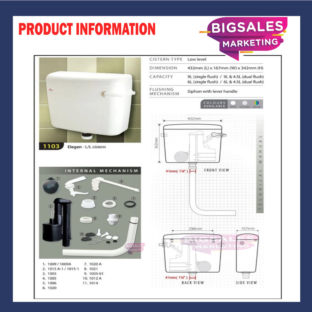 TECHPLAS 9L Elegen Low Level Plastic Cistern/ Tangki Pam Tandas Duduk ...