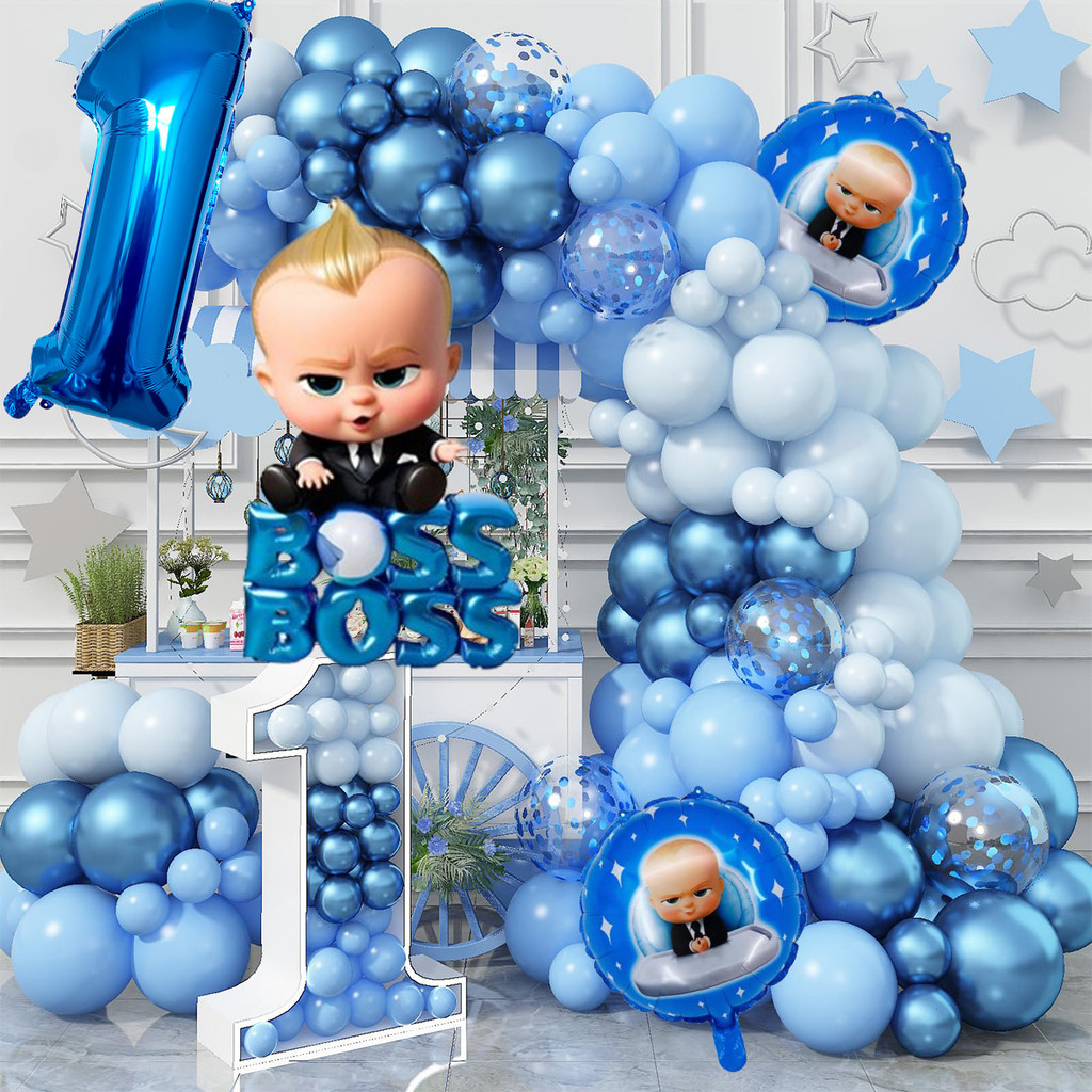 Baby Boss Theme Blue Silver White Latex Balloons Set for 1st Boy ...