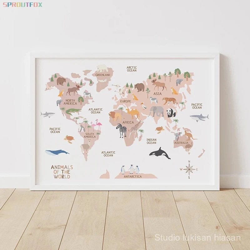 World Map Canvas Painting Pastel Animal Theme Educational Wall Art ...