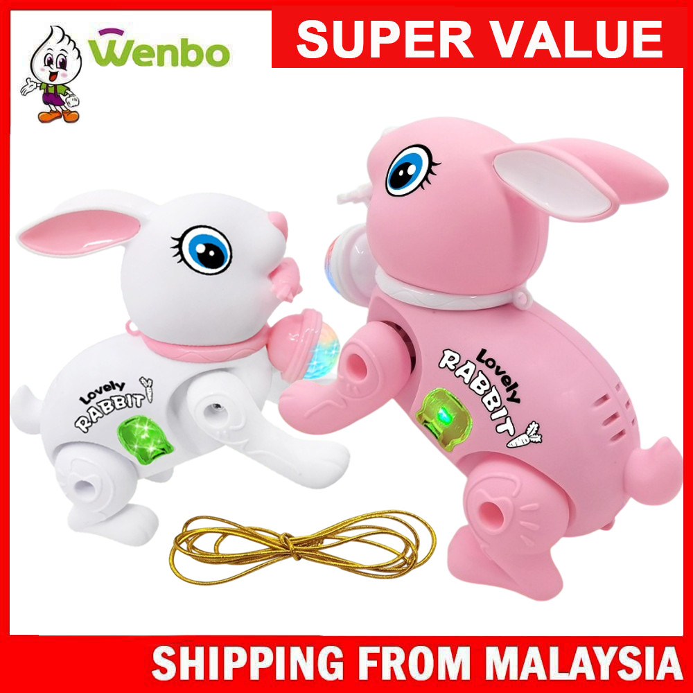 Wenbo Electric Bunny Toy For Kids With Leash Jumping Rabbit 3D Light ...
