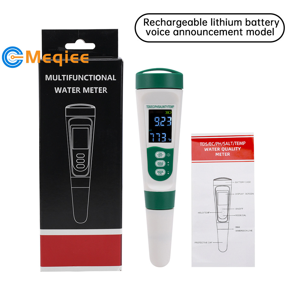 5-in-1 PH/EC/TDS/SALT/TEMP Voice Announcement ℃/℉ Tap Water Multi ...