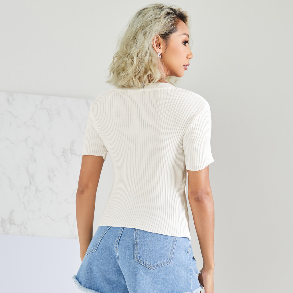 Lovito Preppy Plain Regular Short Sleeve Round Neck Knitted Top for ...