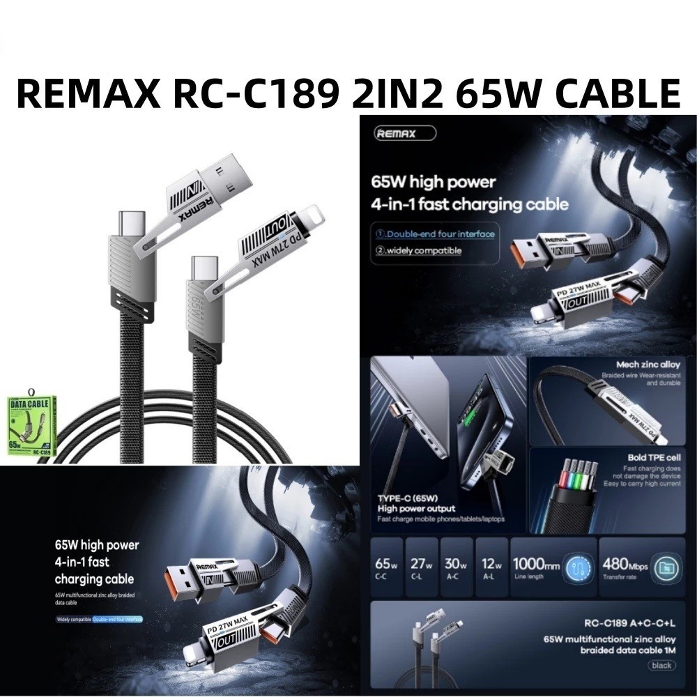 REMAX RC-C189 USB PD65W PD3.0 65W C TO C / C TO L / A TO C / A TO L 2 ...
