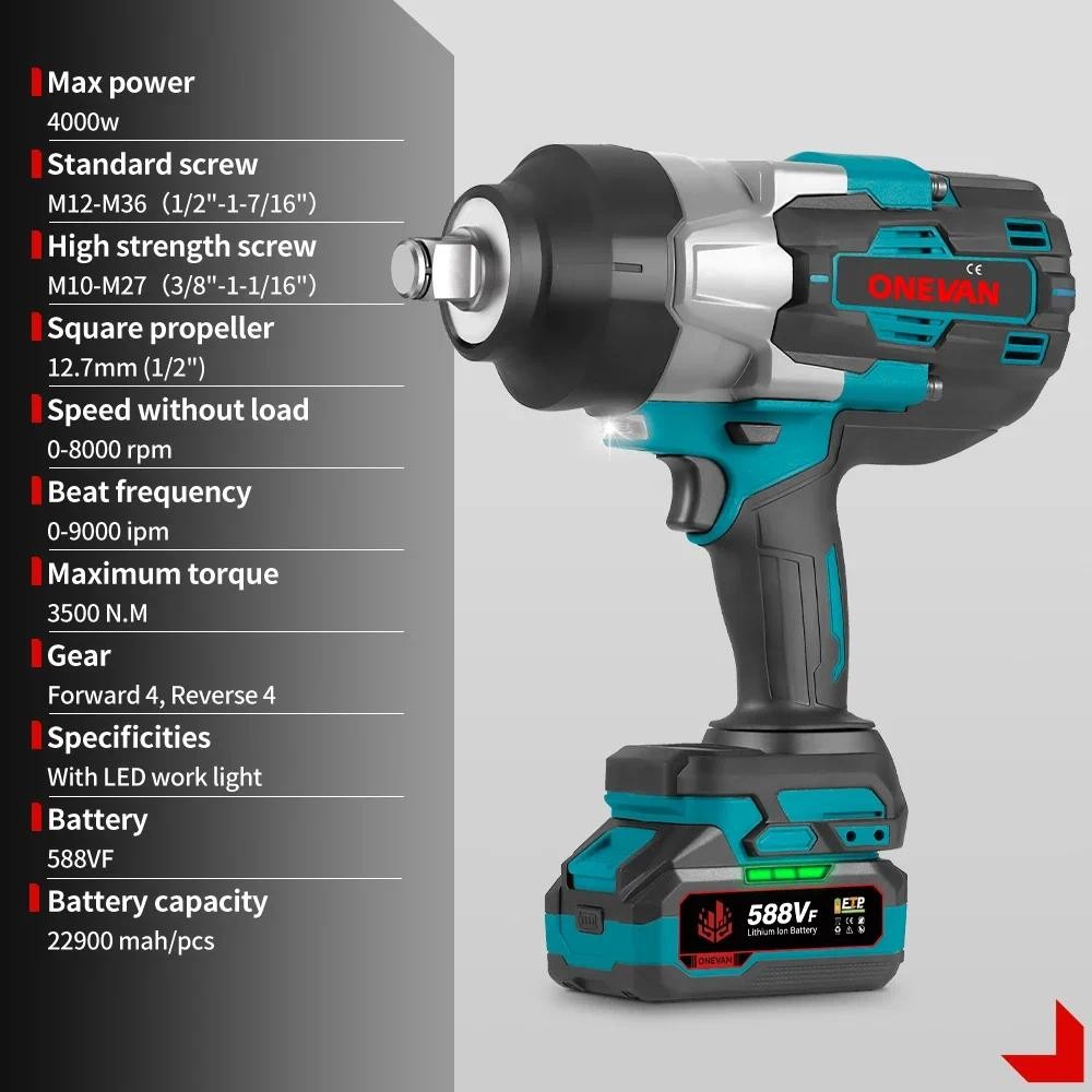 3500N.M Brushless Electric Impact Wrench Cordless 3/4 inch High Torque ...