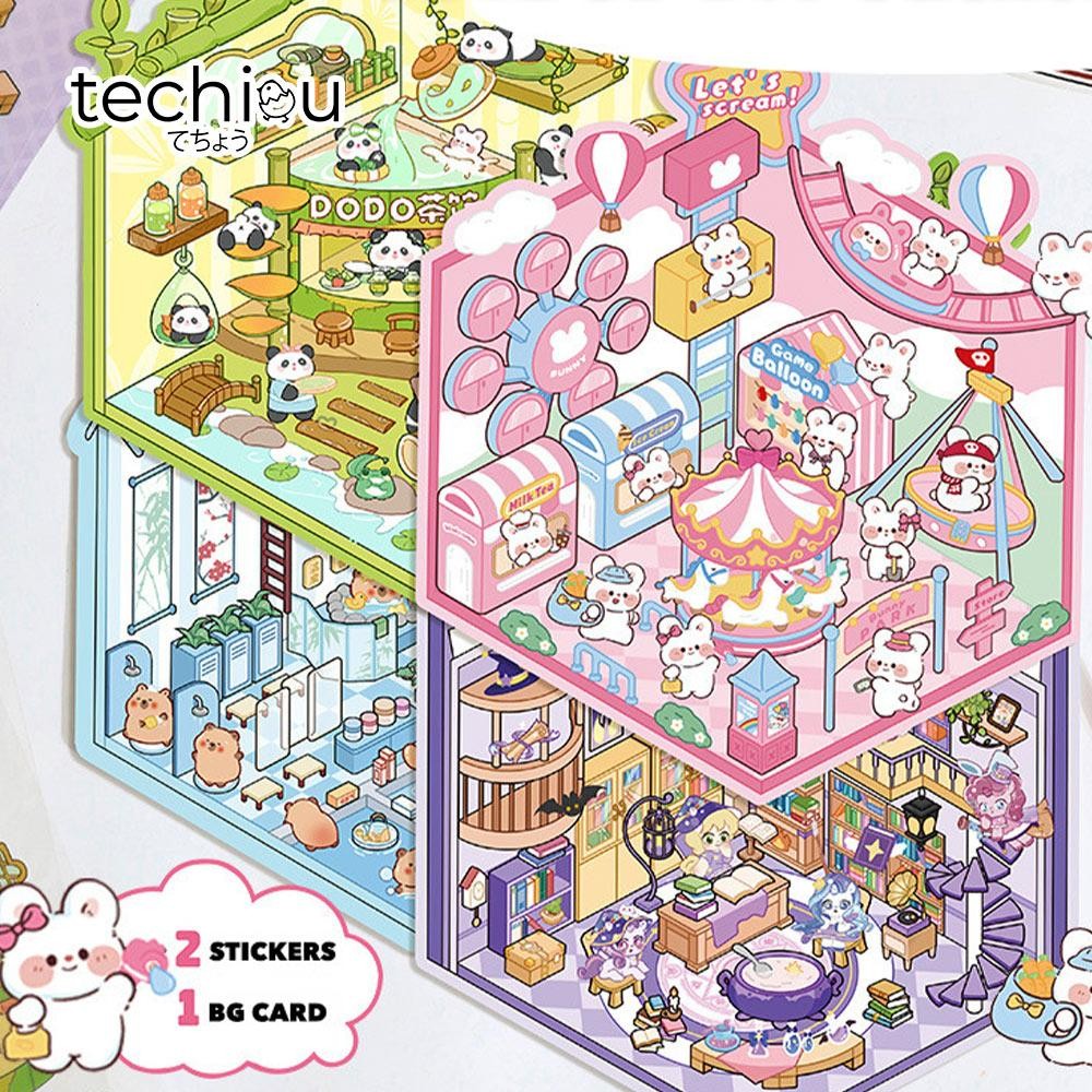 3D Miniature Scenes Sticker Cute Cartoon Korean Style Bunny Cabin ...