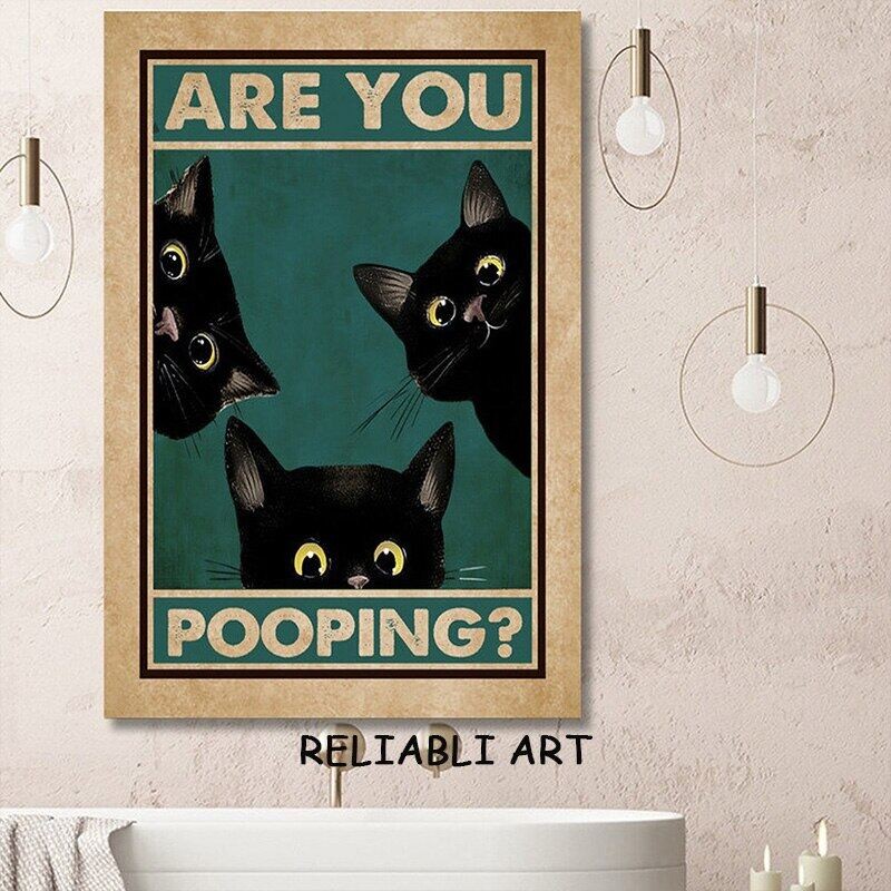 Modern Cute Funy Black Cat Canvas Painting Are You Pooping Bathroom ...