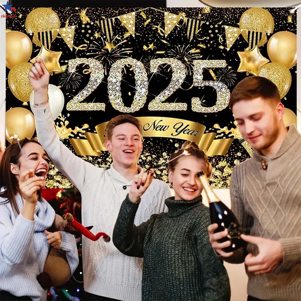 2025 Happy New Year Backdrop Golden Black Pub Club Event Party Supplies ...