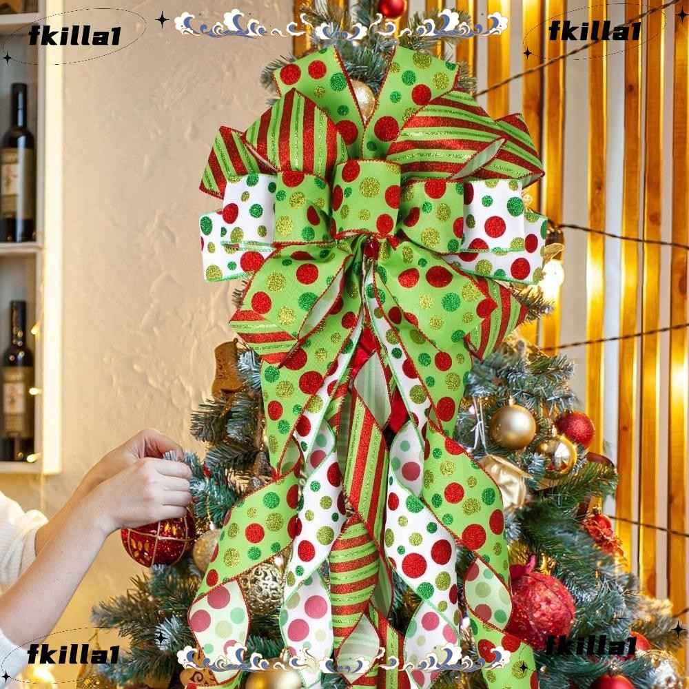 FKILA Christmas Bow Ribbon Tree Topper, Red Green Polka Dot Large Green ...