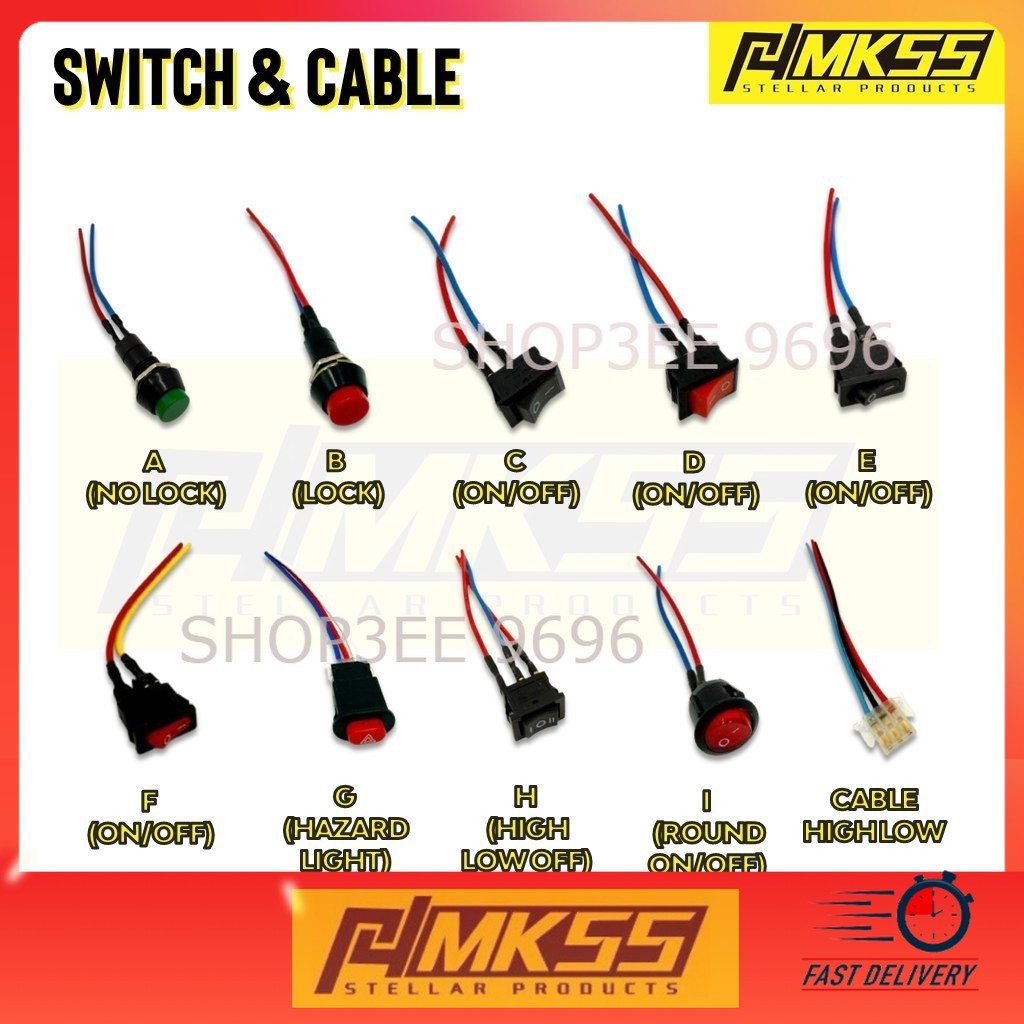 READY STOCK 7 TYPES Switch On/Off Push Button Suis Horn Hazard Switch ...