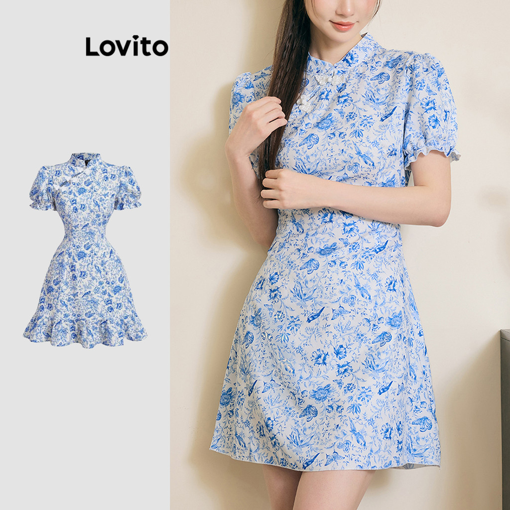 Lovito Casual Ditsy Floral Button Lettuce Trim Puff Sleeve Dress For Women L Ad Shopee