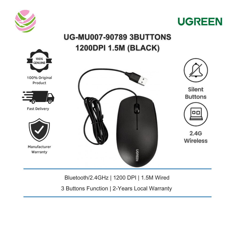 UGREEN USB WIRED MOUSE UG-MU007-90789 3BUTTONS 1200DPI 1.5M (BLACK ...