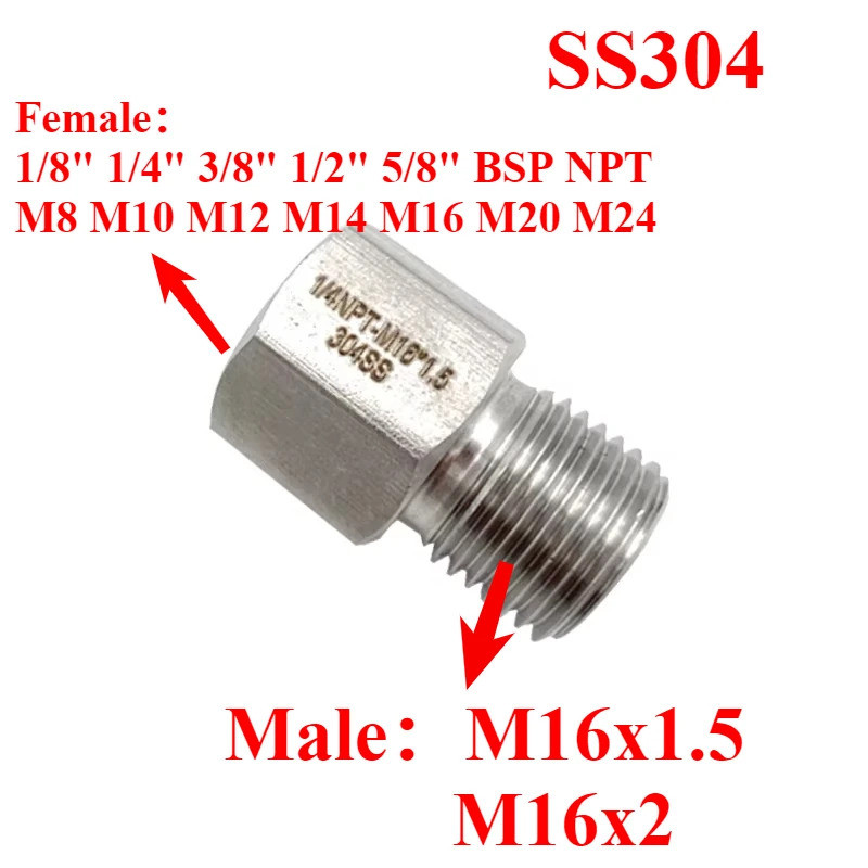 M16 Male to M8 M10–M24 Female Hex Reducer Bushing 304 Stainless Steel ...