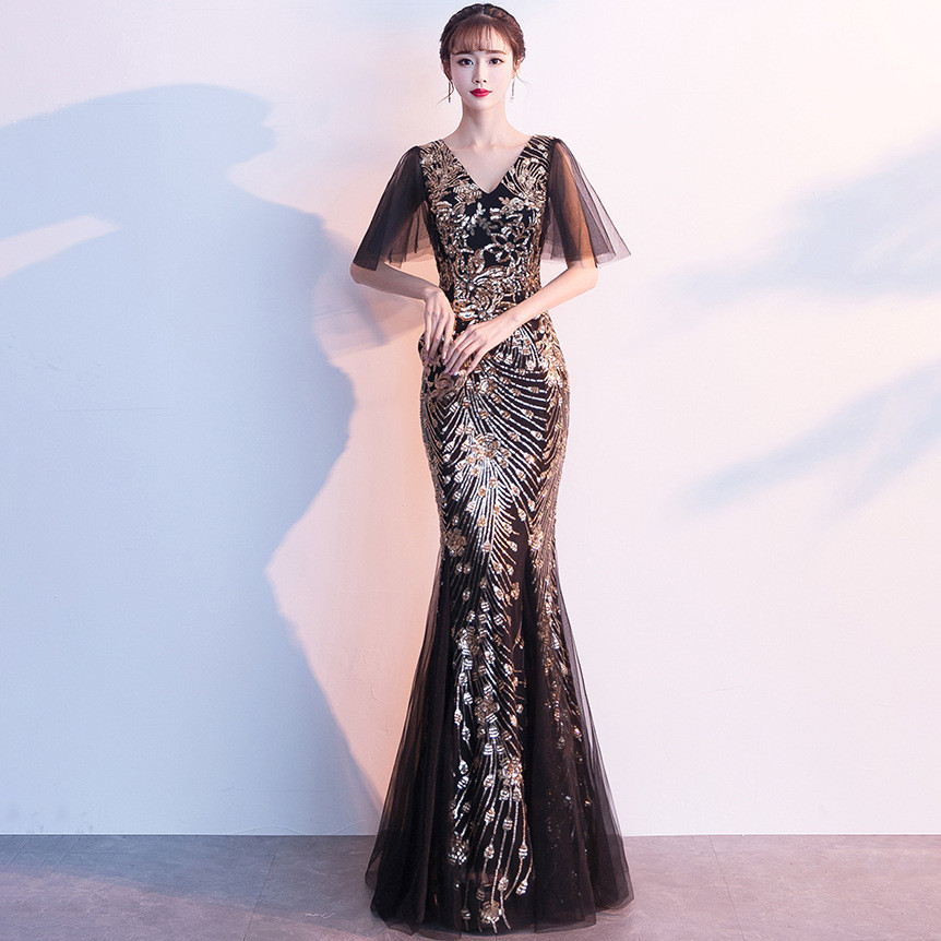 Sequined Evening Dress Female Gas Field Queen Fashion Short Slim Sexy Party Banquet Host Dress main image 1