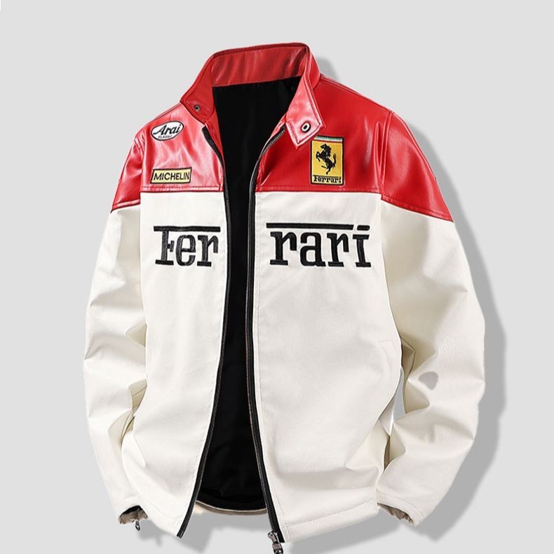 Ferrari Embroidered Racing PU Leather Motorcycle Jacket American Style ...