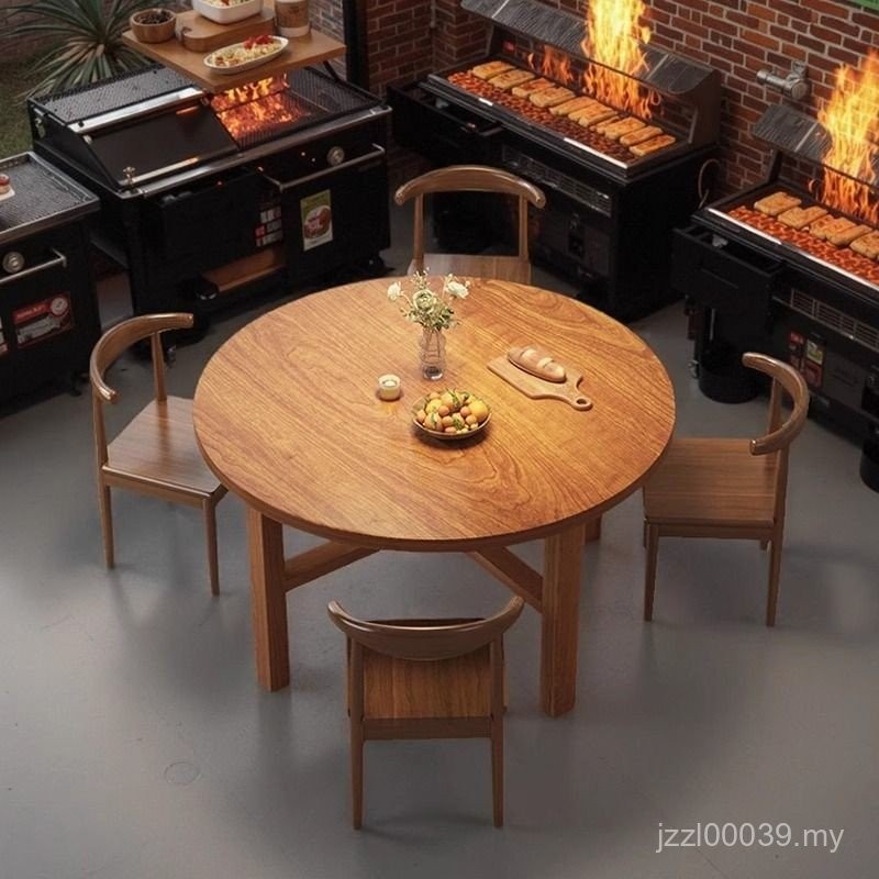 Round Table Solid Wood Leg Dining Table Snack Bar Table Barbecue Bar ...