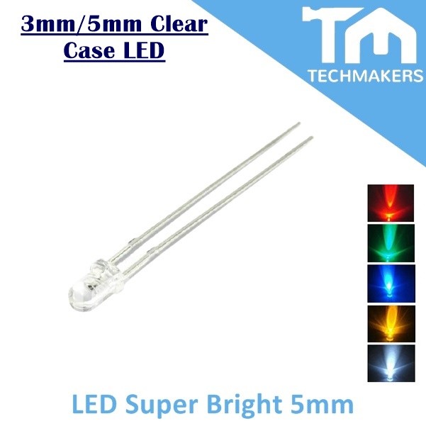 5mm LED Super Bright White Red Yellow Green Blue Orange Light-Emitting Diode Clear Case Transparent LED TechMakers DIY