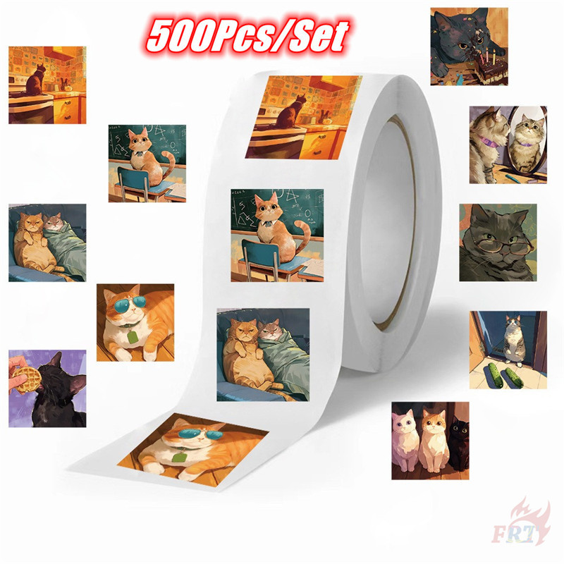 500Pcs/Roll Vintage Oil Painting Art - Lazy Cats Kids Rewards Stickers ...