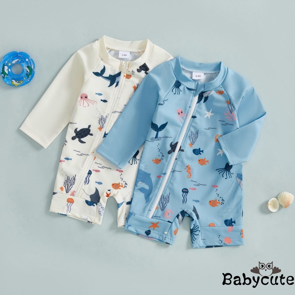 Babyhug Half Raglan Sleeves Water Repellent Animal Printed Legged Swimsuit - Multicolour