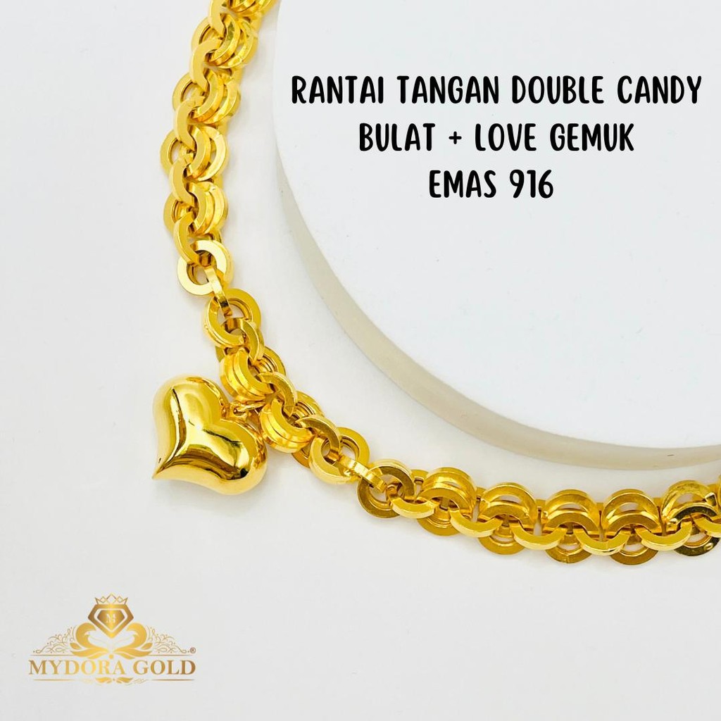 MYDORA Rantai Tangan Double Candy Bulat +1 Love Gemuk l EMAS 916/22K ...