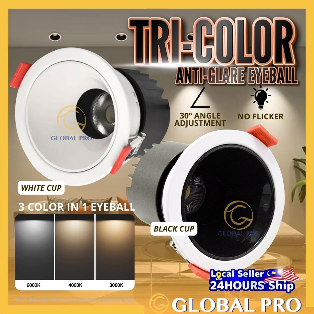 TRICOLOR Anti Glare COB Eyeball Recessed Spotlight 12W Downlight Home ...