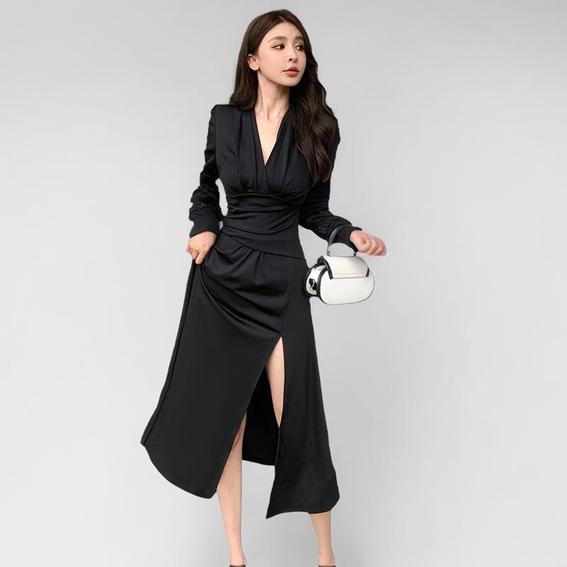 Slim Waist V-Neck Long Sleeve Dress with Pleats and Irregular Design, H ...
