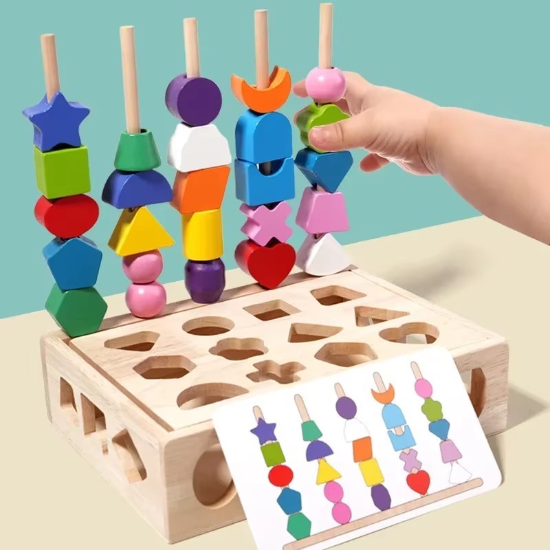 Montessori Wooden Toys Color Shape Matching Puzzle Game Colorful Beaded ...