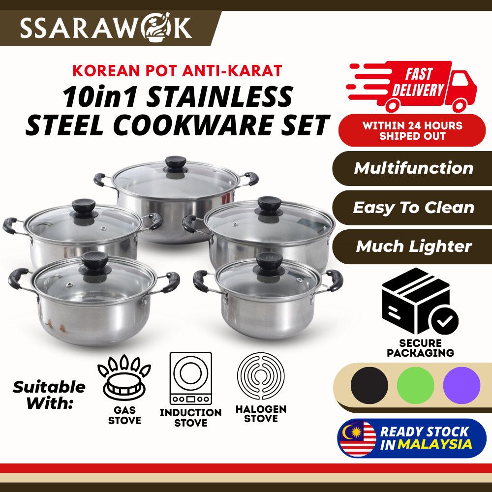 SSARAWOK 10pcs Stainless Steel Periuk Cookware Set Alat Dapur Periuk ...