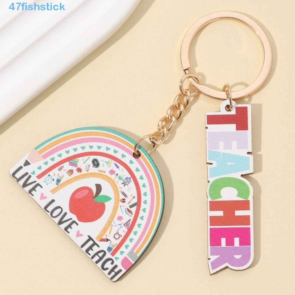 FISHSTICK Teacher's Day Keychain, Wooden Geometric Shape Text Keychain ...