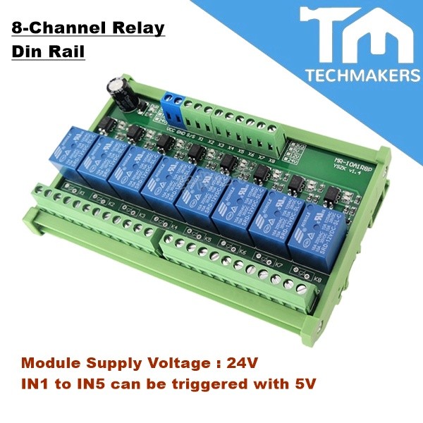 8-Channel Relay Board for PLC DIN Rail Mounting (24V Module Supply) Can Triggered by 5VDC Modular TechMakers